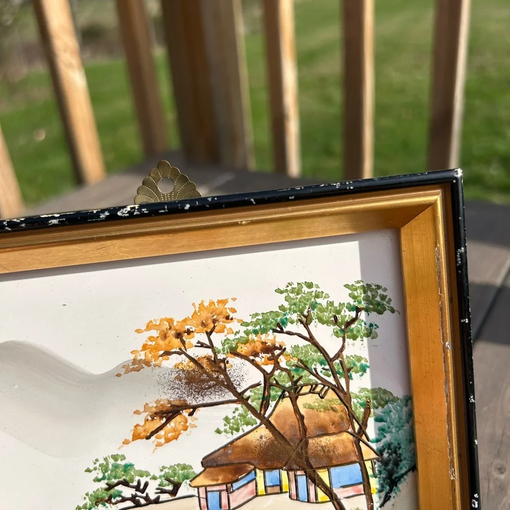Vintage Japanese White w/ Black frame Landscape Water Fishing 7”x7” Japan - Picture 3 of 13